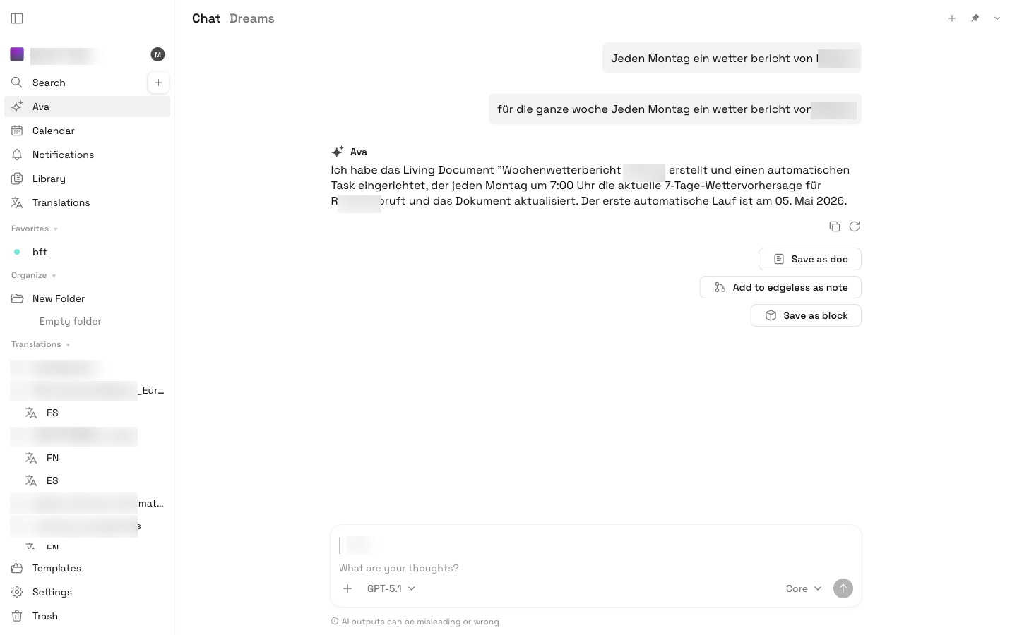 Ava-Chat mit echtem Dialog und Aktionen Save as doc / Add to edgeless / Save as block