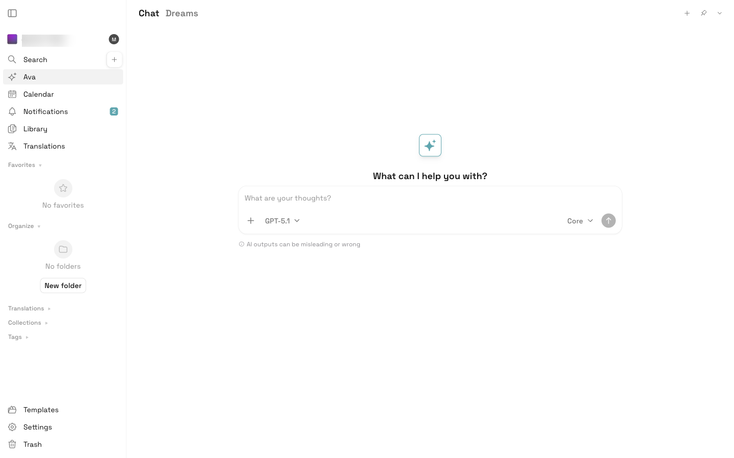 Atla Workspace mit Sidebar und Ava-Chat