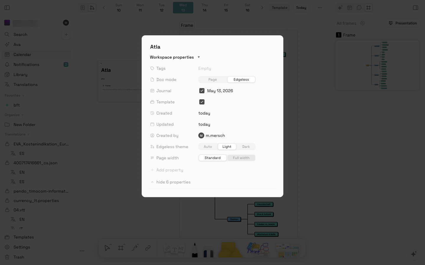 Edgeless-Modus mit geöffneten Workspace Properties