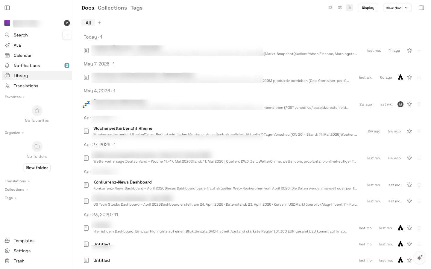 Library mit Doc-Liste, nach Datum gruppiert