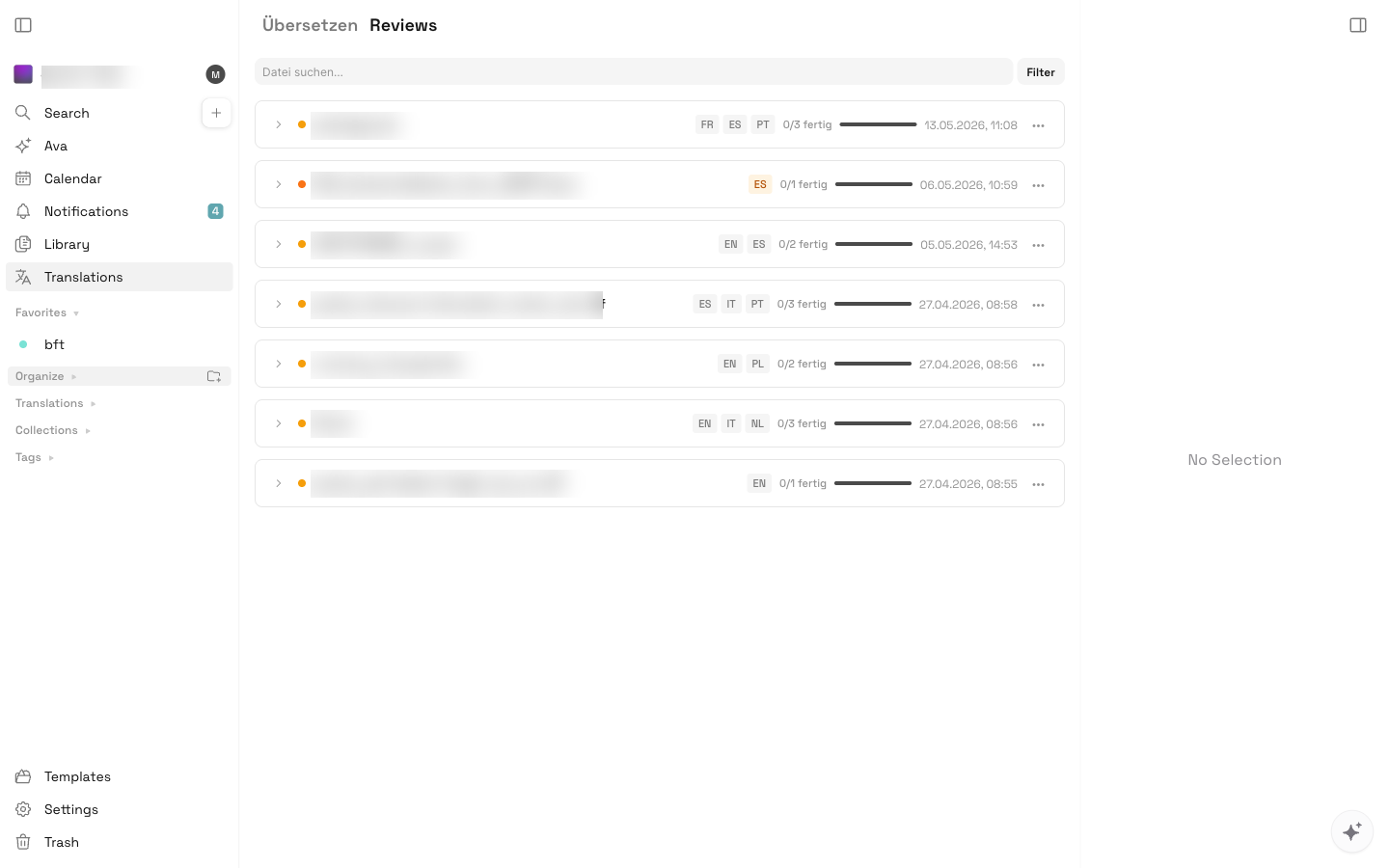 Reviews-Liste mit mehreren Übersetzungs-Jobs