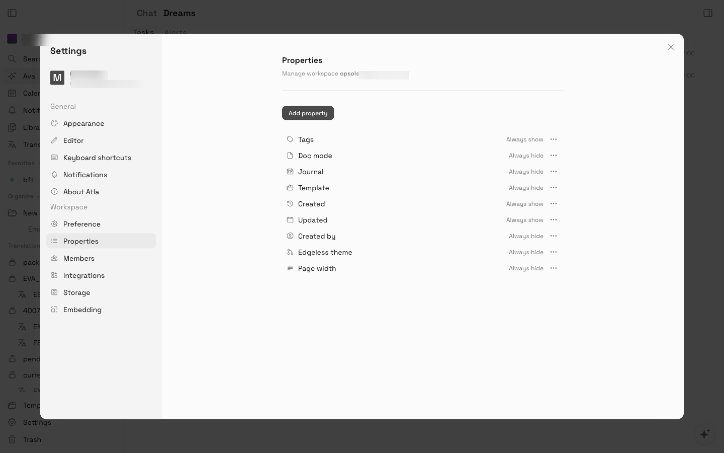 Workspace-Eigenschaften in den Settings konfigurieren